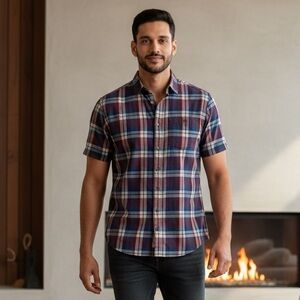 1901 Nordstrom Plaid Short Sleeve Shirt L Blue Red – Fast Shipping Cotton EUC